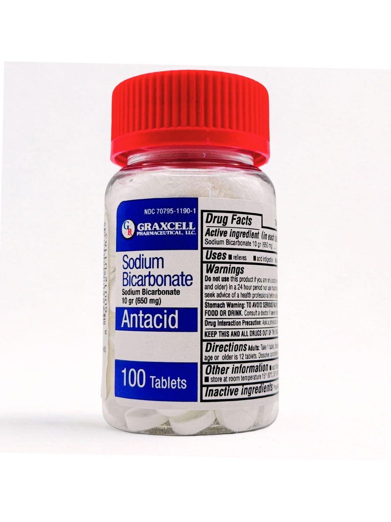 Sodium Bicarbonate Tablets ←USP 650mg (10 Grains) SilencioRelief of Acid Indigestion, Heartburn, Sour Stomach &amp; Upset Stomach ← Kidney Health ← 100 Count