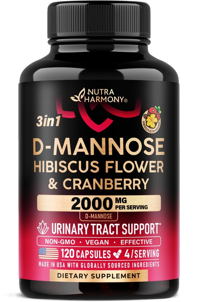 D-Mannose 2000mg con Cranberry & Hibiscus - Estrés clínicamente probado para la salud del tracto urinario - Suplemento para mujeres - Vejiga, Liver &amp; Microflora Apoyo - Hecho en USA - Vegan, 120 cápsulas
