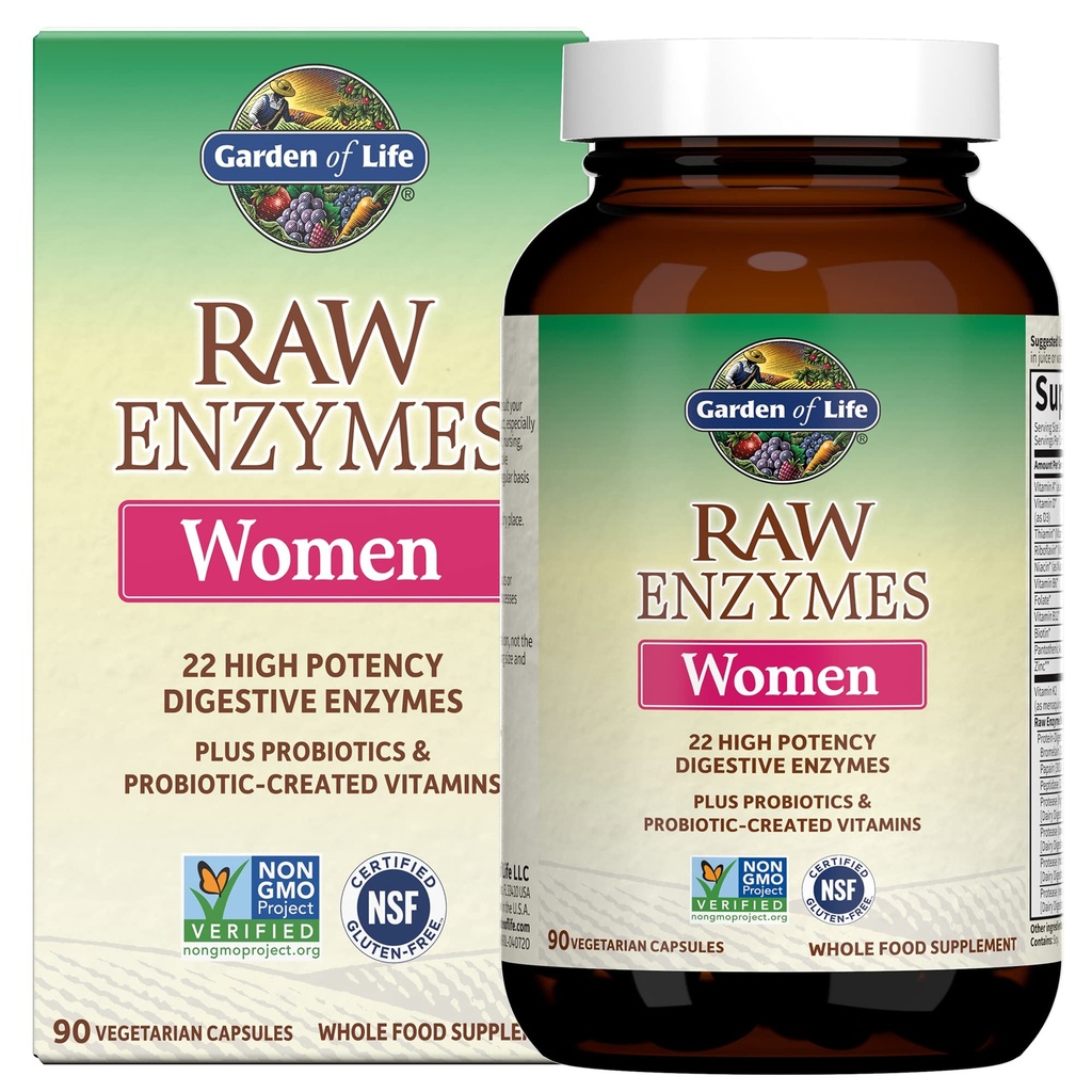 Jardín de la Vida 22 Potentes Enzimas crudas para Mujeres con Papaína, Bromelaina, Lactasa más Probióticos y Vitaminas B12, Biotina y Zinc, Suplemento dietético con Enzimas Digestivas, Vegetariano, 90 cápsulas