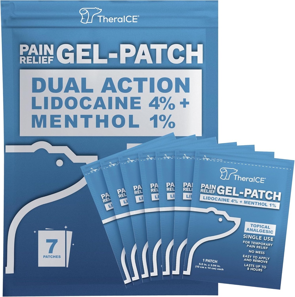 TheraICE Lidocaine Patches Plus Menthol – Maximum Strength Hot & ICY Cold Relief for Back, Neck & Hombro Dolor – 4% Lidocaine + 1% Menthol, Grande Tamaño (7 Cuenta)