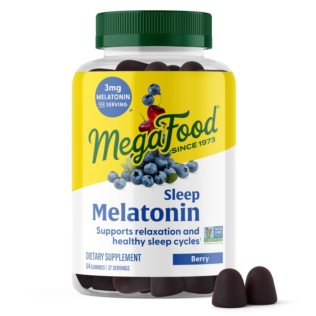 MegaFood Melatonin Gummies - Melatonin 3mg por Serving to Help Relax & Fall Asleep – Sleep Gummies for Adults - Berry Flavor, Non-GMO, Certified Vegan - 54 Conde (27 Servimientos)