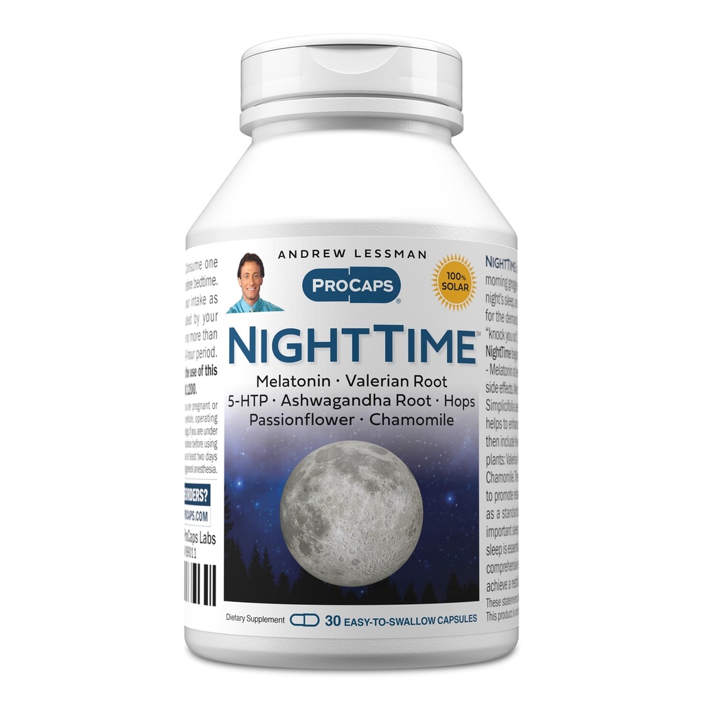 ANDREW LESSMAN Night Time 30 Capsules - 3mg Melatonin, Valerian, Ashwagandha, Passionflower, Hops, Chamomile. Nada de "Mañana Grogginess". Apoyo natural, sueño suave y relajado. Cápsulas fáciles de absorber