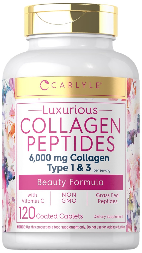 Colágeno de Carlyle con Vitamina C TENIDO 6000mg TENIDO 120 Caplets ANTE Multi Collagen Peptide Píldoras TENIDO Tipo 1 y 3 ANTE NO GMO, Gluten Free, Grass Fed