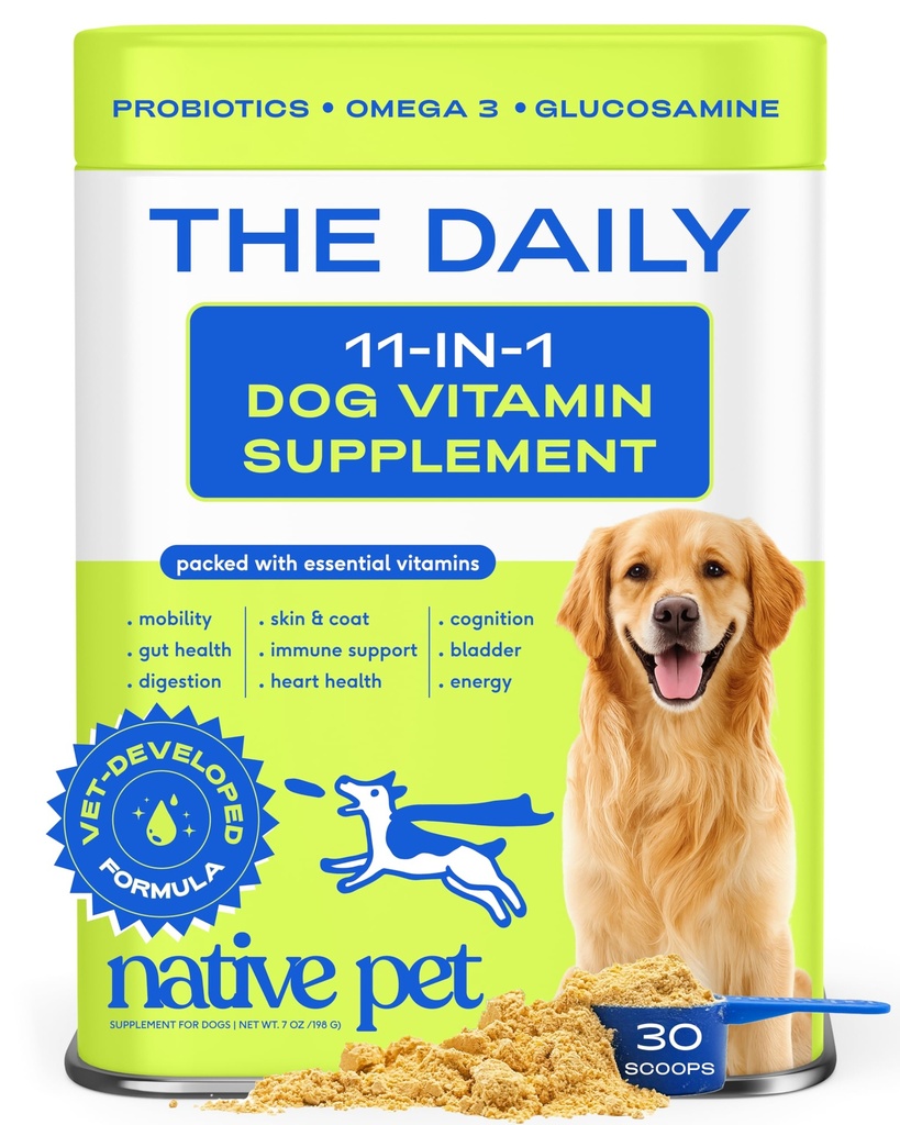 Vitaminas y suplementos para perros de mascotas nativas - 11-in-1 Polvo multivitamínico para perros Topper de alimentos - Collagen, Glucosamina, Probióticos, Omega &amp; Más- Apoyos Gut saludable, movilidad &amp; salud general -30 Scoops