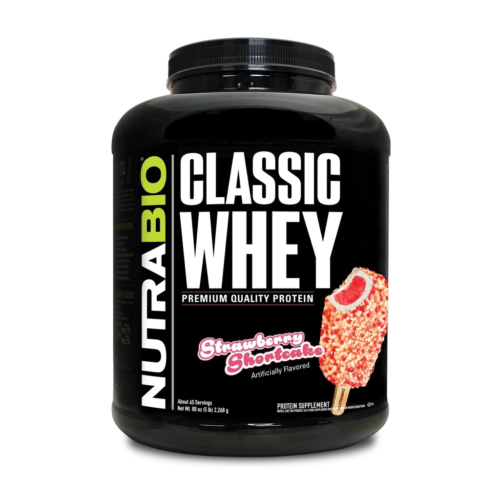 NutraBio Classic Whey Protein Powder - No Fillers, Colores artificiales, conservadores - Indice bajo de glicemia - Torta de fresa, 5 libras