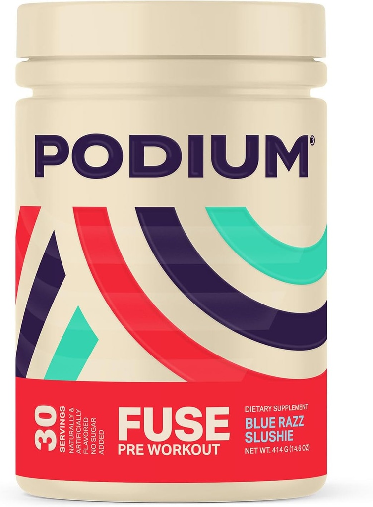 Podium Nutrition, Fuse Pre Workout Powder, Blue Razz Slushie, 30 Servings, Beta Alanine y Caffeine for Energy, Gluten Free, Soy Free, Dairy Free