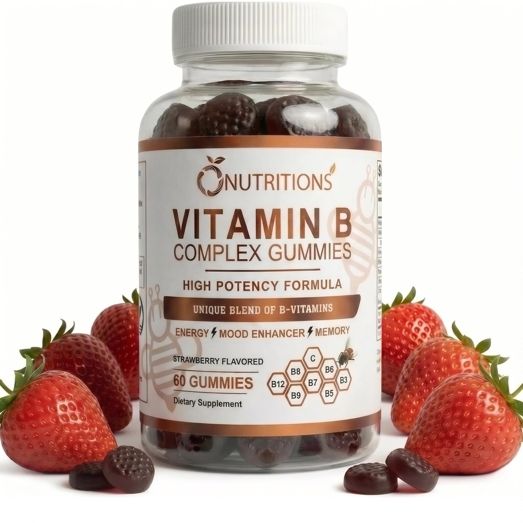 O NUTRICIONES Complejo de vitamina B Gummies Vegan con vitamina B12, B7 como Biotina, B6, B3 como Niacina, B5, B6, B8, B9 como Folato para el Sistema de Estrés, Energía e Inmunes Saludables (1 Pack)