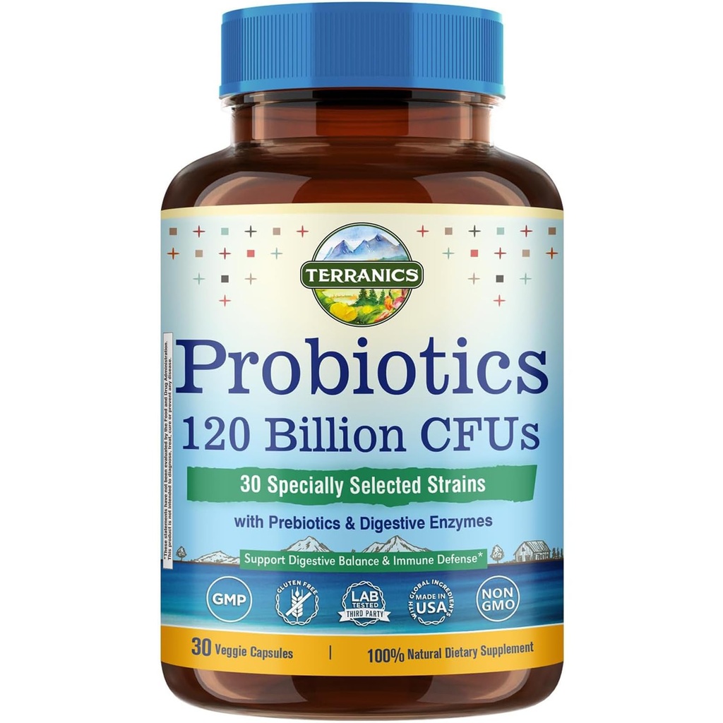 Probióticos terranicos 120 billón con prebióticos & enzimas digestivos, 30 Strains probados, Digestión completa &amp; Apoyo a la Inmunidad, No GMO, NO Soy, Dairy & Gluten, para hombres y mujeres, 30 cápsulas vegetarianas