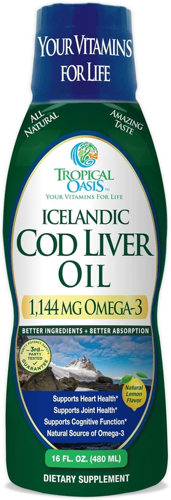Oasis Tropicales - Islandiaic Cod Liver Oil ← Maximum Strength 1144mg of Liquid Wild-Caught Natural Omega-3 Fish Oil (Lemon Flavor, 90 Servings)
