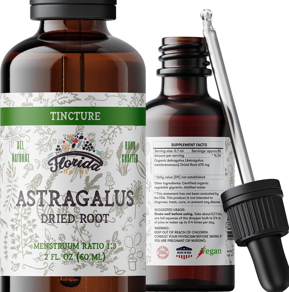 Astragalus Tincture, Orgánica Astragalus Extract (Astragalus membranaceus) Suplemento herbario, No GMO en Glicerina Vegeta orgánica prendida en frío, 700 mg, 2 oz (60 ml)