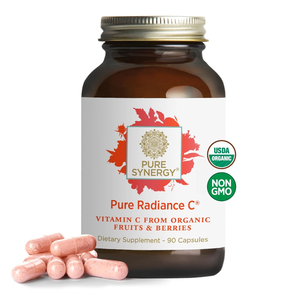 PURE SYNERGY Pura radiación C – Vitamina Orgánica C Capsules  durable 100% Suplemento Alimentario completo, No GMO, Camu Extract con soporte natural de inmuno y colágeno – 90 cápsulas