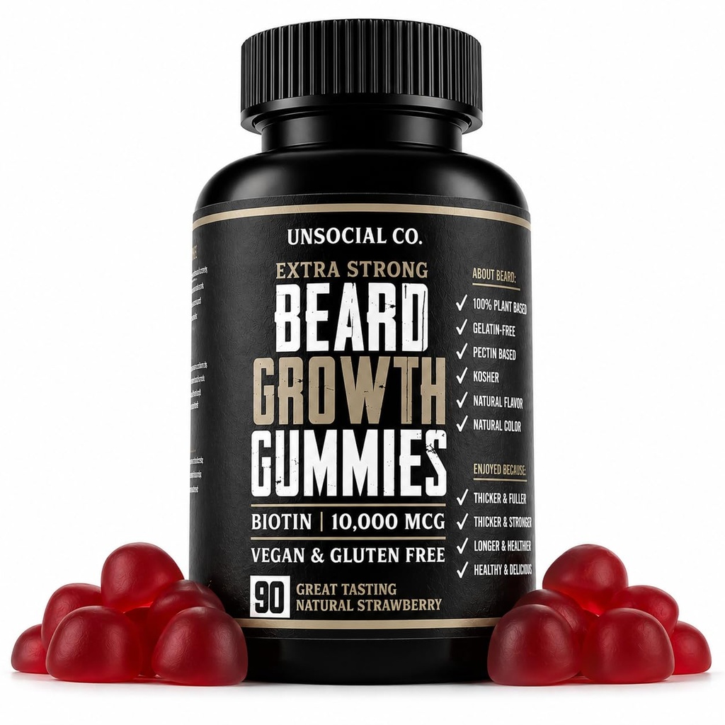 Unsocial Co. Extra Strong Beard Growth Vitamins Gummies ← Biotin 10000 MCG ← Promueve un fuerte crecimiento del cabello facial para los hombres