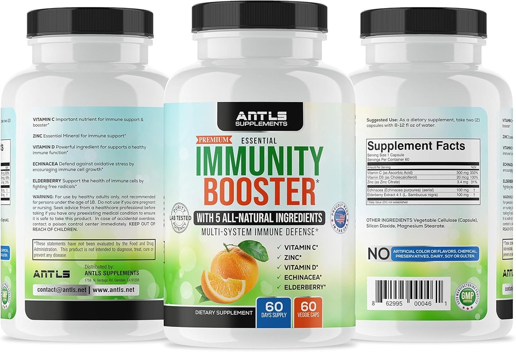 Suplemento de inmunidad,Vitamin C,D3,Zinc,Elderberry,Echinacea Capsules