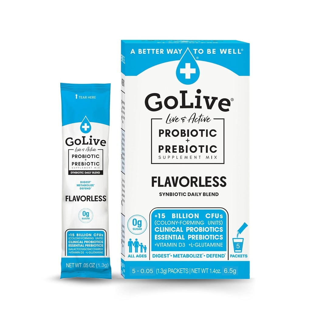 Prebiótico GoLive " Probiótico para Mujeres, Hombres, Niños. Flavor-Free, Sugar-Free, Sinbiótico Polvo w / GOS, L-Glutamina, Vitamina D3, Electrolitos. Para Gut Health, Digestión, Metabolismo, Inmunity 15-50B CFUs.