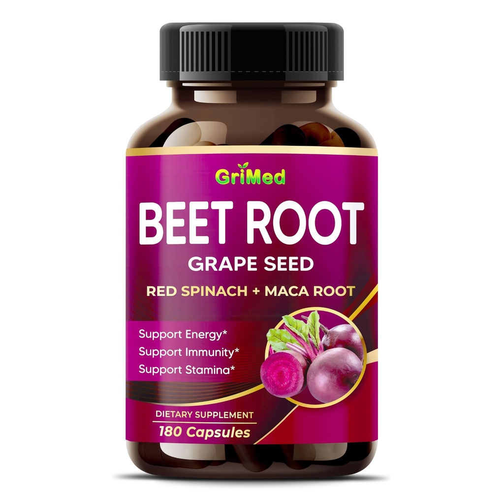GriMed Beet Root with Grape Seed Extract, Maca Root, Red Spinach " Ashwagandha – 180 Vegetable Capsules