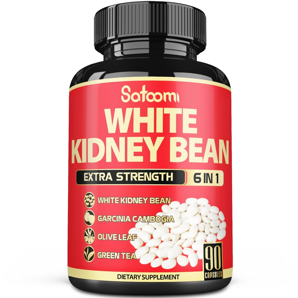 Satoomi 6 in 1 White Kidney Bean Extract Capsules -90 Capsules -3 Month Supply - Extra Blend with Olive Leaf, Green Coffee Bean & Green Tea - Support Carb Scale Down