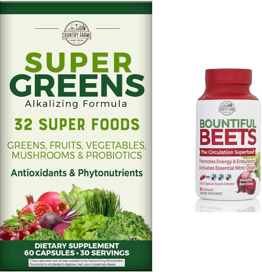 COUNTRY FARMS Super Verdes Frutas vegetales Probióticos Antioxidantes Fitonutrientes Hoja de remolacha Nitric Oxide Circulación Immune Soporte Capsules