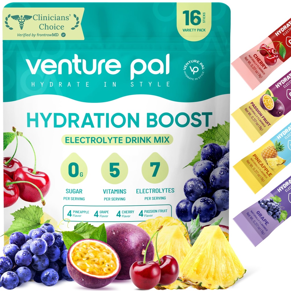 Venture Pal Sugar Free Electrolyte Powder Packets - Liquid Daily IV Drink Mix for Rapid Hydration " Party Recovery TEN 5 Vitaminas " 7 Electrolytes Anterior Keto Friendly ← Non-GMO TEN Certified Vegan TEN 16 Sticks