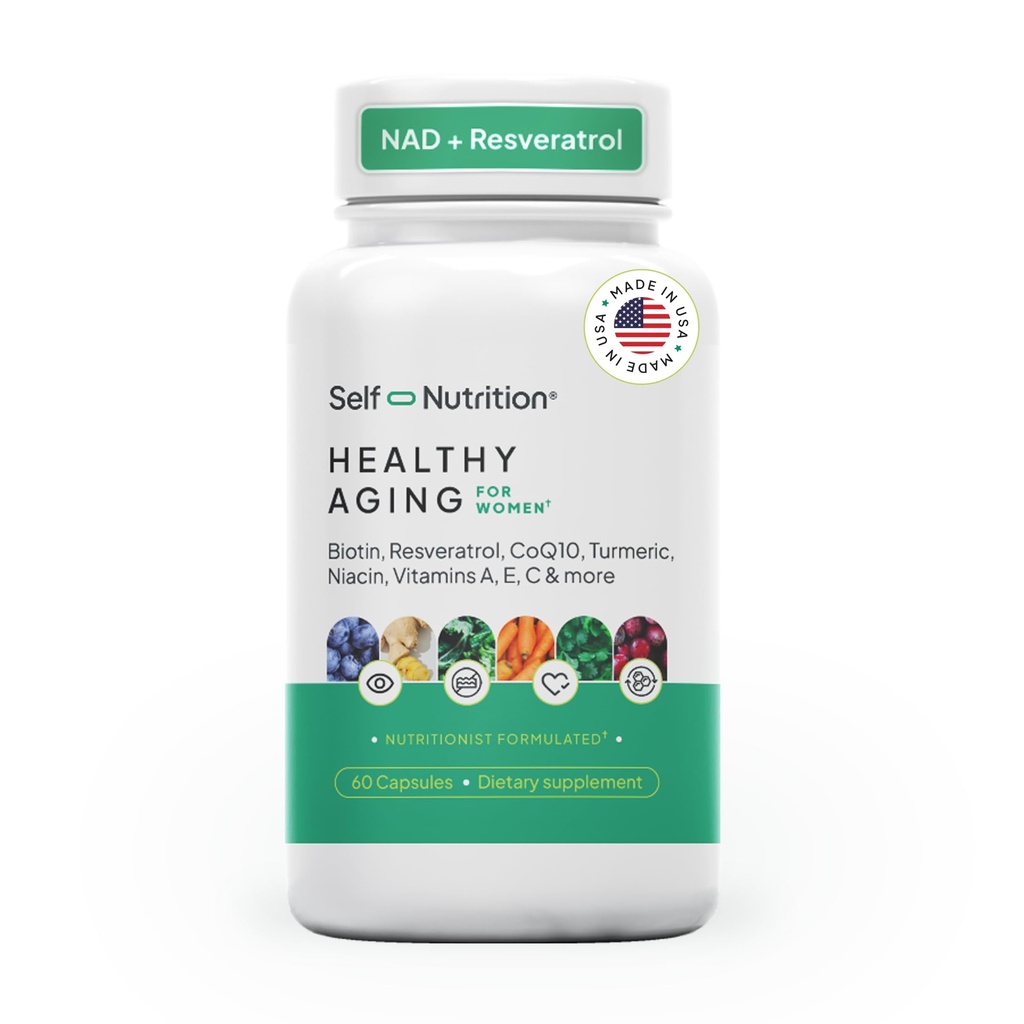Suplemento de envejecimiento saludable para las mujeres - Resveratrol, NAD, Collagen Booster, Biotin, Hyaluronic Acid &amp; More. Salud celular, Belleza, Longevidad - USA, Vegan, 60 cápsulas.