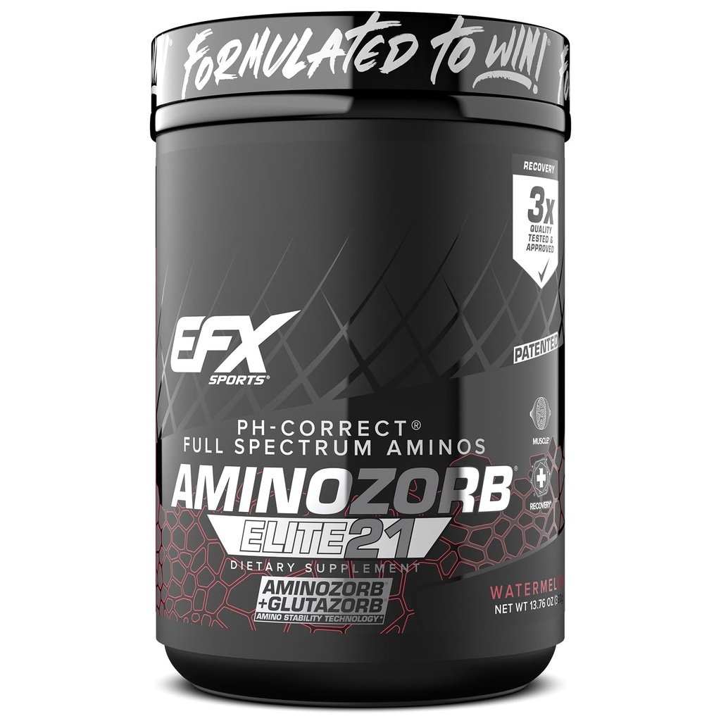 EFX Sports Aminozorb Elite 21 | PH-Correct, Full Spectrum Aminos + Glutamine | Essential & Non Essential Aminos | Zero Sugars | 30 Servings (Watermelon)
