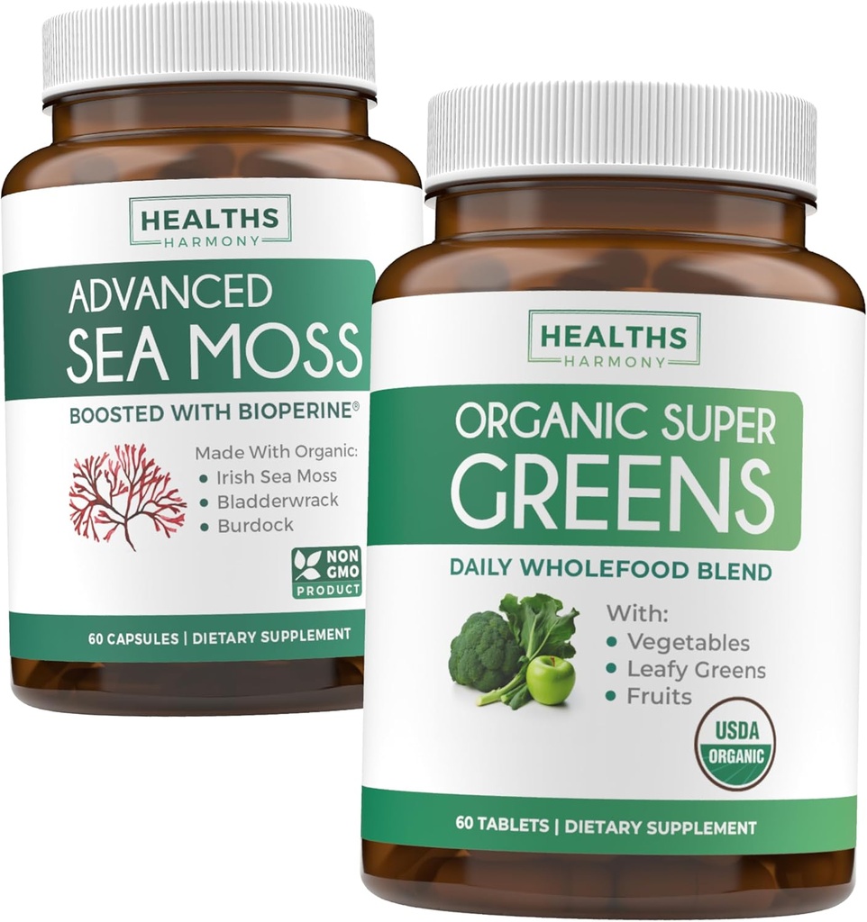 Irlandés Moss & Organic Super Greens (1-Month Supply) Supercharge Duo Bundle - Organic Irish Seamoss - Raw Vegan Superfood (60 Caps) & Organic Greens Powder with 28 Fruits & Vegetables (60 Caps)