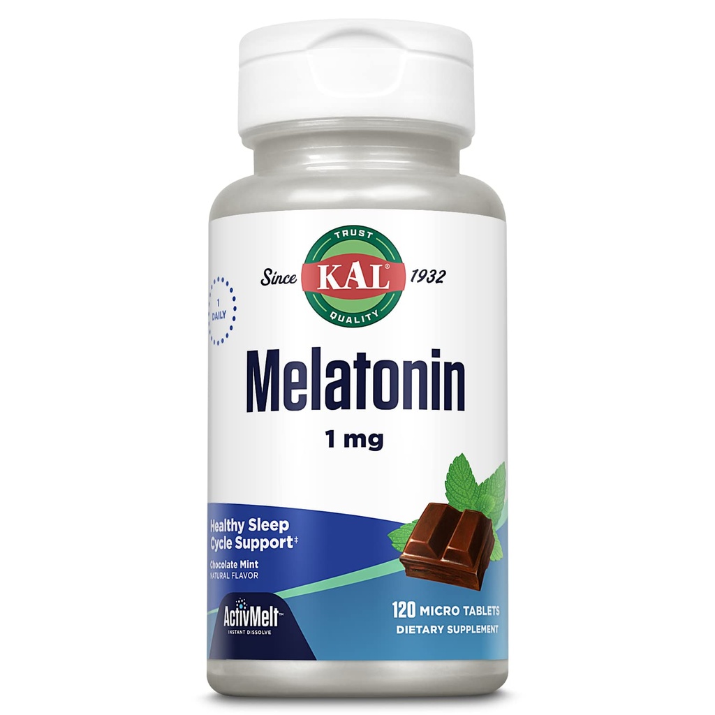 KAL Melatonin 1mg Ayuda para el sueño, Melatonina Suplemento Asistencias Calming Relaxation and a Healthy Sleep Cycle, Fast Dissolving ActivMelts, Natural Chocolate Mint Flavor, Vegetarian, 120 Serv, 120 Micro Tabs