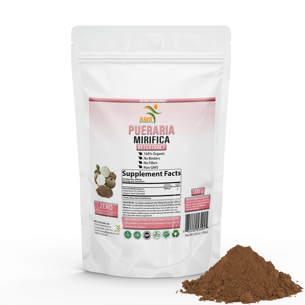 SMSHEALTHPRODUCTS.com Pueraria Mirifica Powder, No Fillers, 10:1 Kwao Krua Kao Root Extract, Organic Herbal Supplement, Non GMO, Gluten Free, 100g