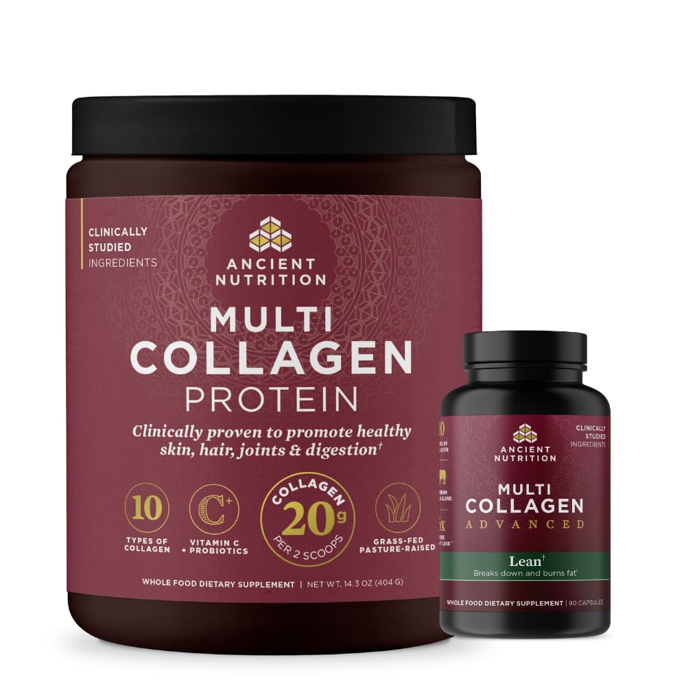 Ancient Nutrition Multi Collagen Advanced Lean Capsules, 90 Count + Multi Collagen Protein Powder, Unflavored, 40 Servings