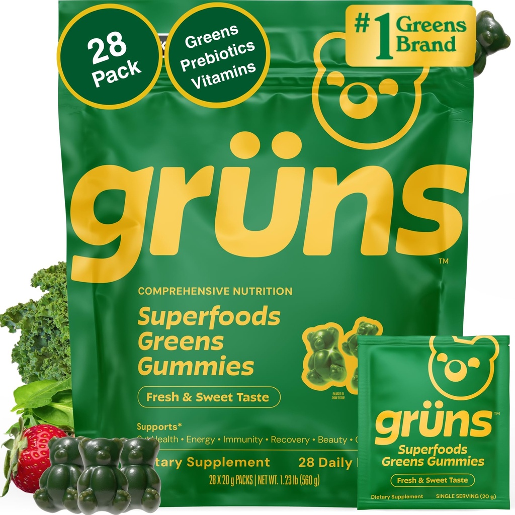 Gruns Adult Super Greens Multivitamin Gummies, Superfood Gummy Vitaminas para Mujeres y Hombres con Spirulina, Clorella, Adaptógenos " Prebiotic Fiber for Digestive Health (28 Conde)