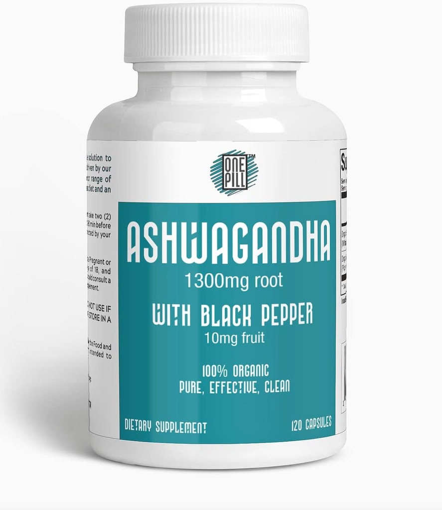 ASHWAGANDHA 1300 mg de raíz orgánica con pimienta negra. Natural Stress y Mood Support Suplemento 120 Capsules