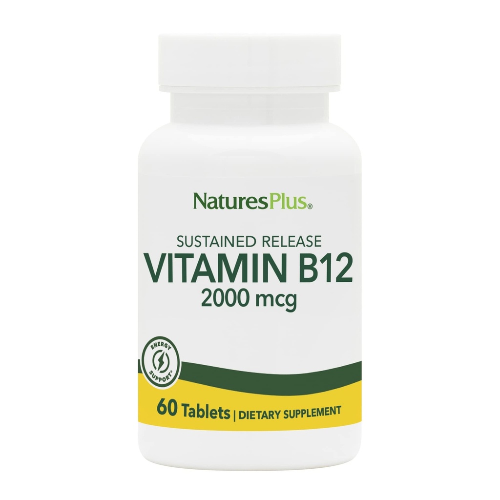 Natures Plus Vitamin B12 (Methylcobalamin), Sustained Release - 2000 mcg, 60 Tabletas Vegetarianas - High Potency Red Blood Cell Support - Natural Energy Booster - Gluten-Free - 60 Servings