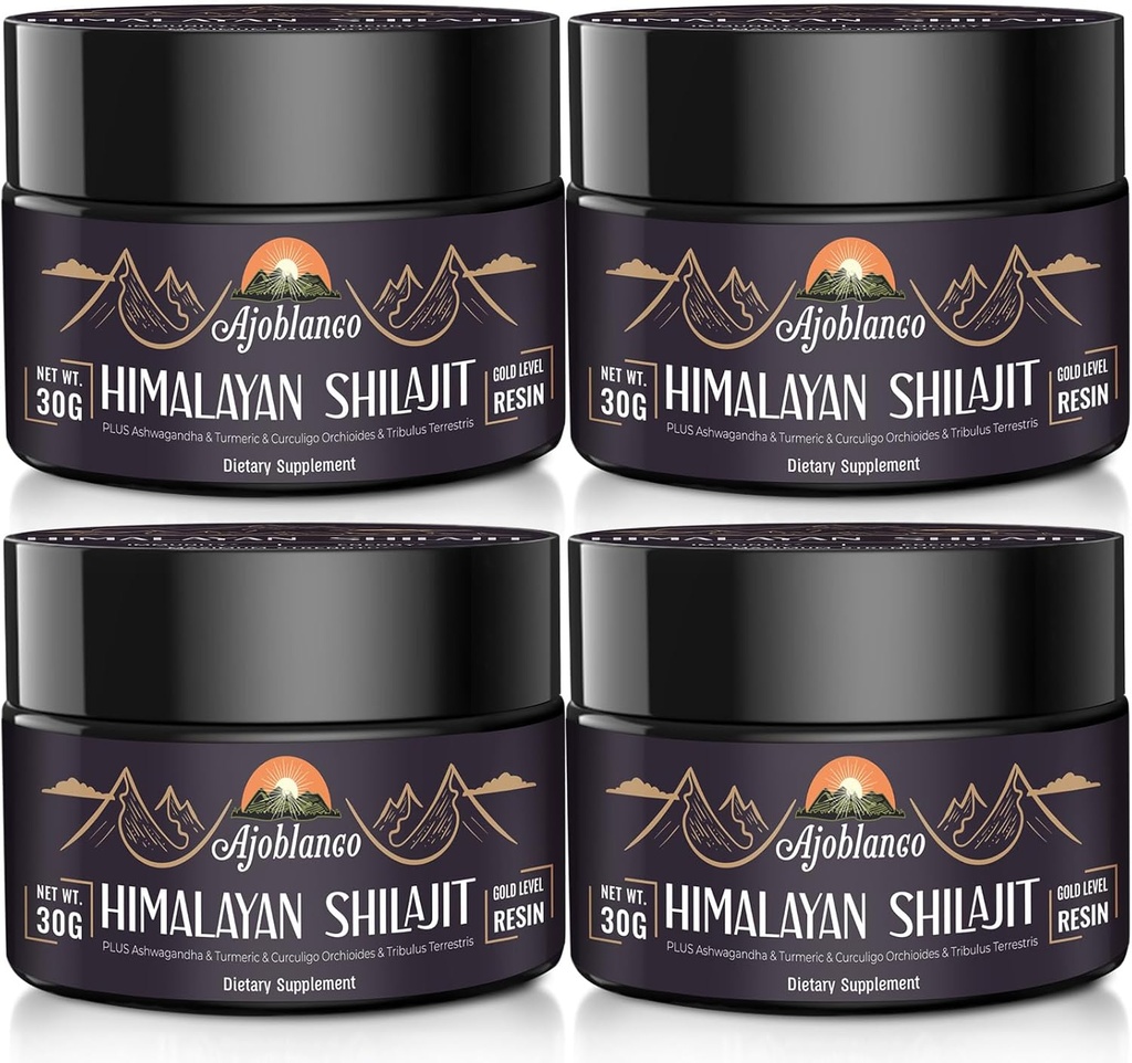 Ajoblanco 600mg Natural Himalaya Shilajit Resin - Himalayan Gold Shilajit Resin with Organic Ayurvedic Blend in High Potency for Energy, Strength &amp; Immunity, Pack of 4