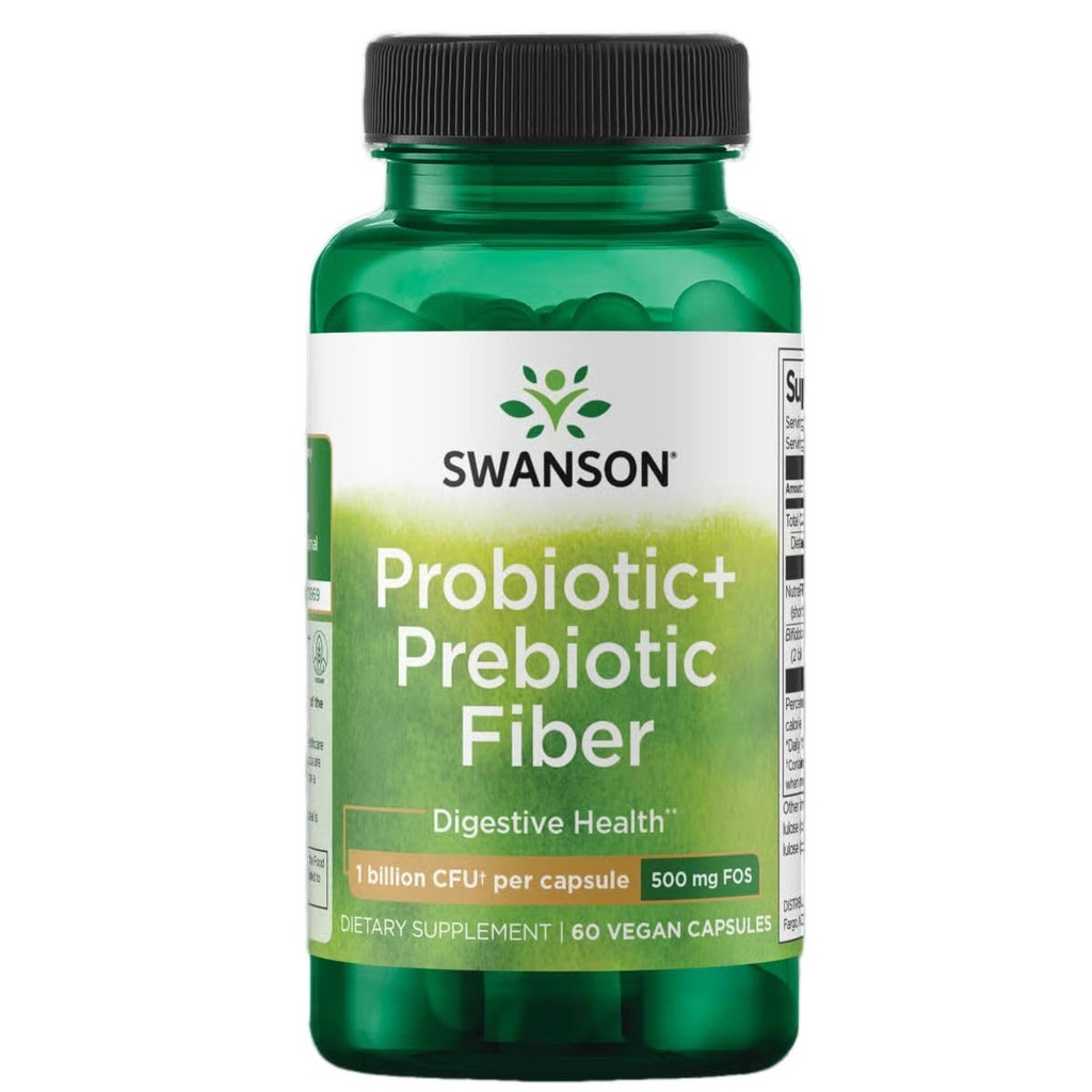 Swanson Prebiótico + Fibra Probiótica - Suplemento Natural Promoviendo el Sistema Digestivo &amp; Immune Health Support - Ayudas Regularidad & GI Tract Health - (60 cápsulas, 500 millones de UC cada uno)