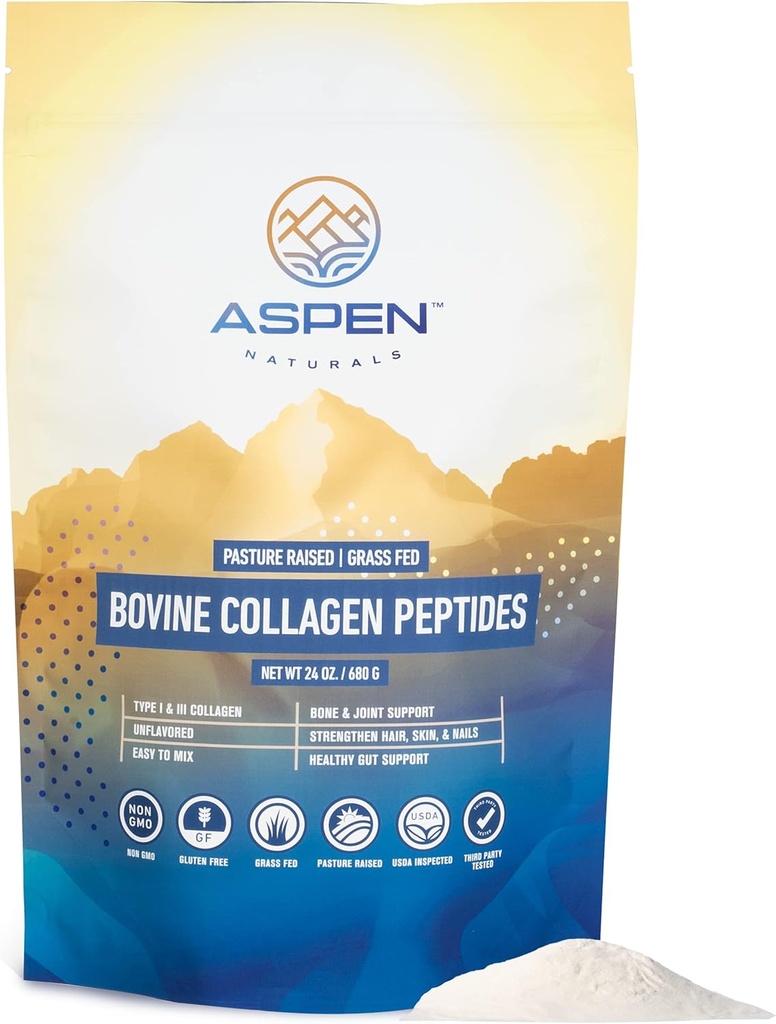 ASPEN NATURALS Bovine Collagen Peptides Powder 24 Oz – Tipo I & III  Grass Fed, Pasture Raised  durable Healthy Hair, Skin & Nails ← Gut Support ⋅ Paleo Friendly, Unflavoured, Gluten-Free