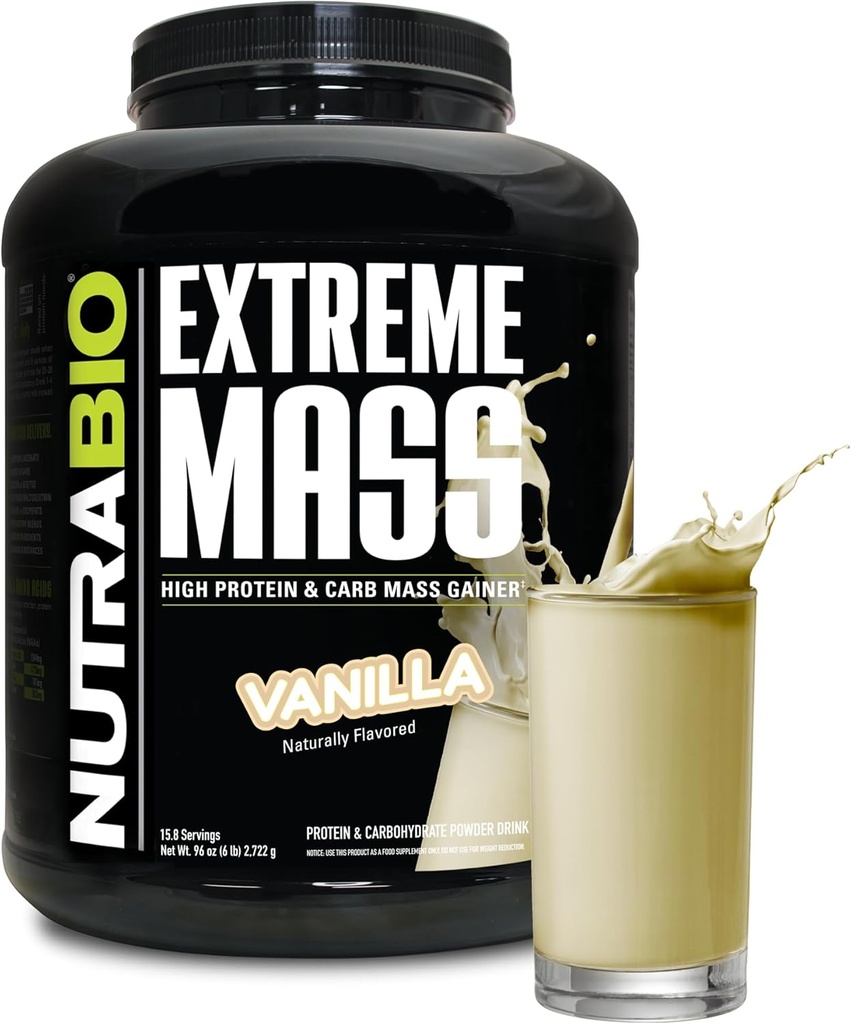 NutraBio Extreme Mass Gainer Protein Powder, 53G Protein, Clean Weight Gainer, Incrementar Masa muscular, Full Spectrum Amino Acid - Vanilla, 6 libras