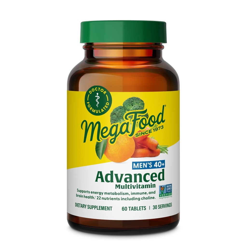MegaFood Men's 40+ Advanced Multivitamin for Men - Dr-Formulated - Choline, Vitamina B, Vitamina C, Vitamina D, Zinc & Real Food - Brain Health, Immune Support - Vegetarian - 60 Tabs (30 Servings)