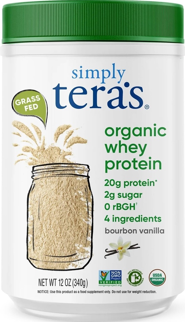 Simplemente el producto orgánico de tera Whey Protein Powder - Grass Fed Vanilla Whey Protein Powder, Clean, Made Without Artificial Sweeteners, Non-GMO, Kosher, rBGH-Free, Organic - 12 Oz.