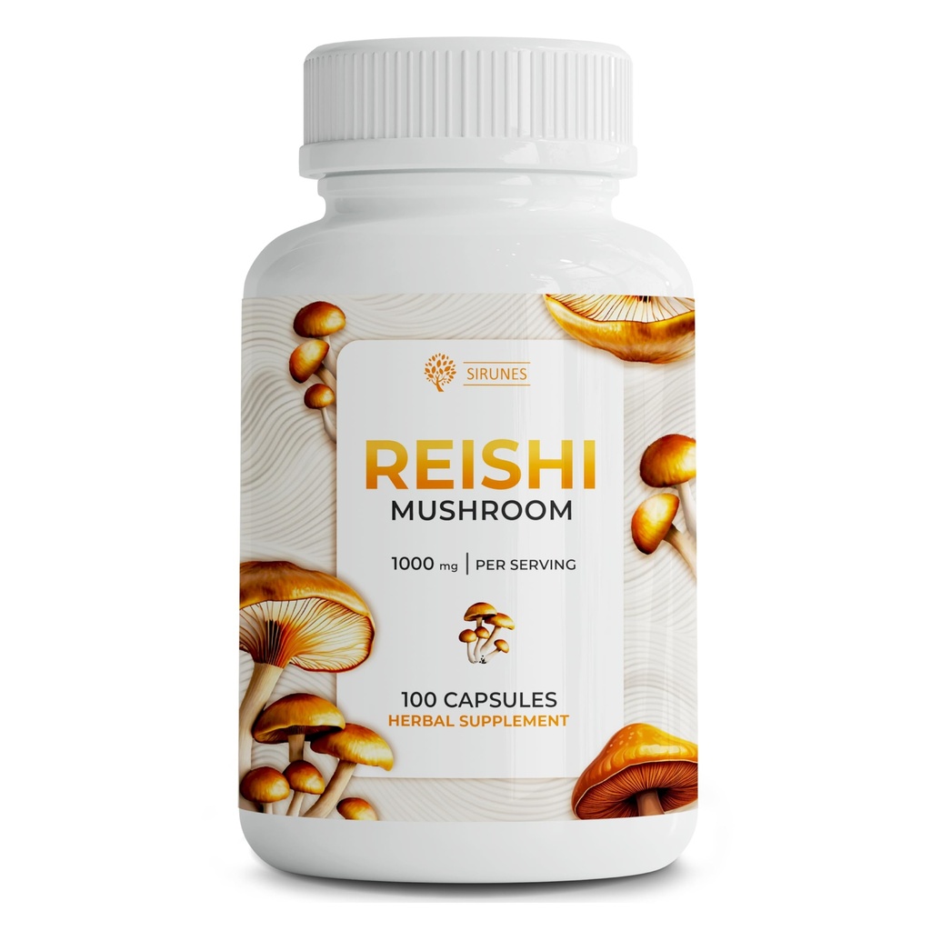 SIRUNES Reishi Mushroom Capsules – 100-Count Reishi Mushroom Suplemento para Estrés y Soporte Inmunitario – 1000mg Adaptógeno de alta resistencia Capsules Superalimentos de Mushroom – No GMO y Natural