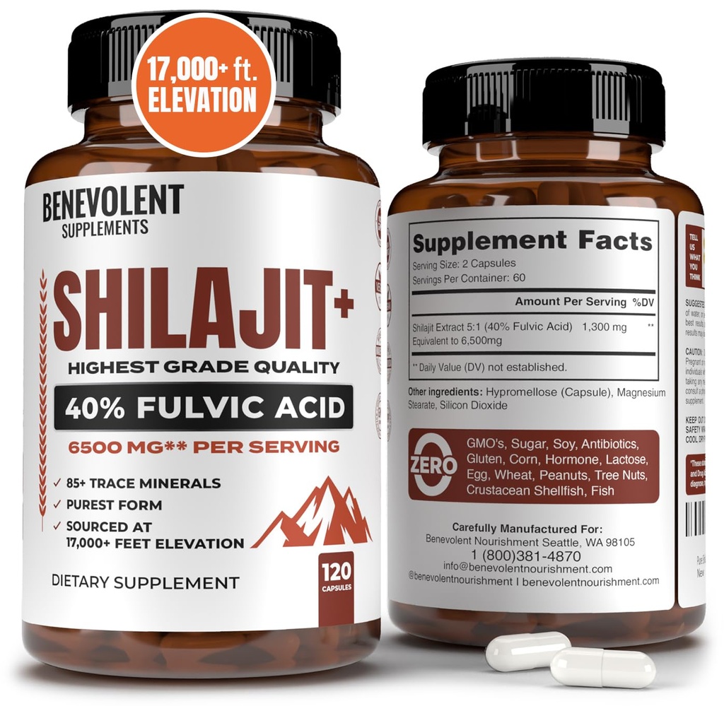 Suplemento Shilajit de 6,500 mg con 40% de ácido fúlvico (ausorción alta) Silencioso Suplemento Mineral Shilajit con 85+ Minerales Trace para Energía, Rendimiento &amp; Salud Inmune - 120 cápsulas