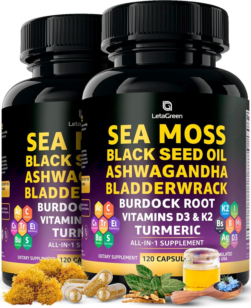 Sea Moss Capsules – 17-en-1 Blend con Black Seed Oil Ashwagandha Fledderwrack Burdock Root Turmeric Vitamina D3 K2 C para el bienestar diario – Suplemento multimineral para hombres y mujeres – 240 Conteo