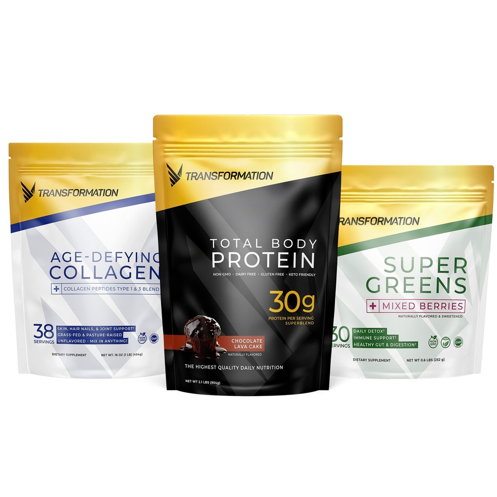 Transformation Chocolate Protein Powder ← 30G Multi-Protein Superblend+ Grass-Fed Hydrolyzed Collagen Peptides Powder- Hair, Skin, Nails+ Orgánico Super Greens Superfood Powder- Immune & Energy Support