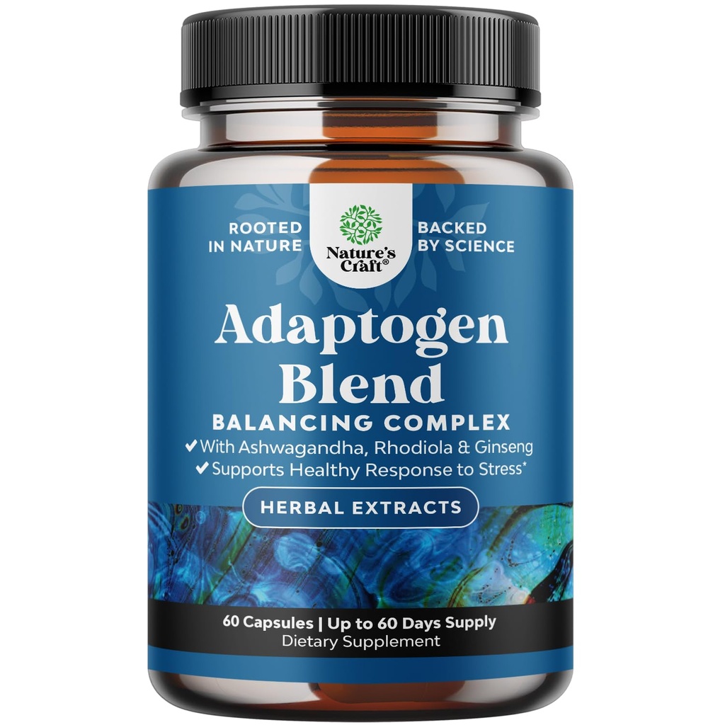 Herbal Adaptogen Mood Support Supplement - Calming Adaptogens Supplement for Stress & Cortisol Management with Ashwagandha Rhodiola Rosea &amp; Maca Root - Vegan Non GMO & Daytime Friendly - 60ct