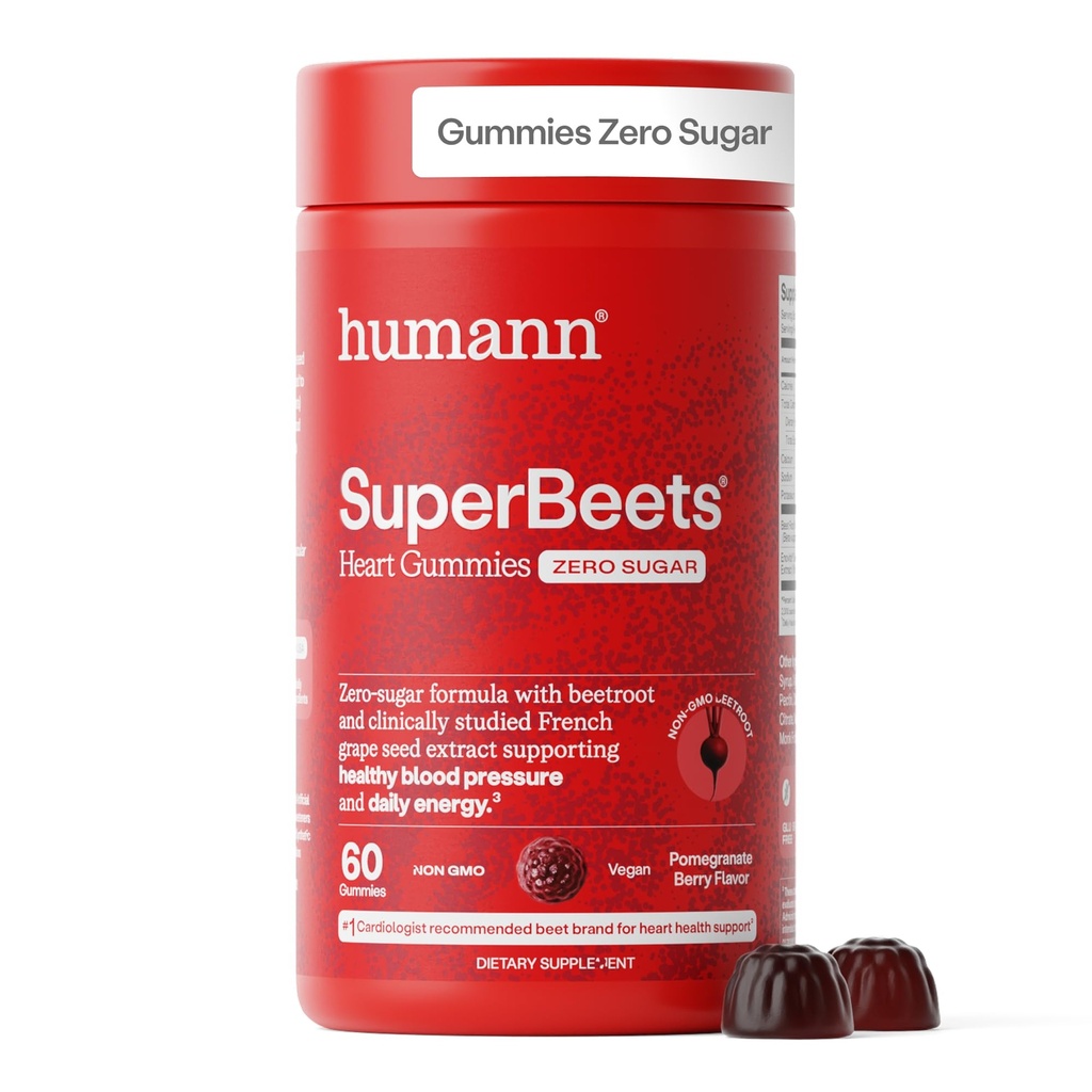 HumanN SuperBeets Heart Gummies - Beet Gummy with Energy Support, Grape Seed Extract " Beetroot Powder, Sugar Free - Pomegranate Berry Flavor, 60 Conde