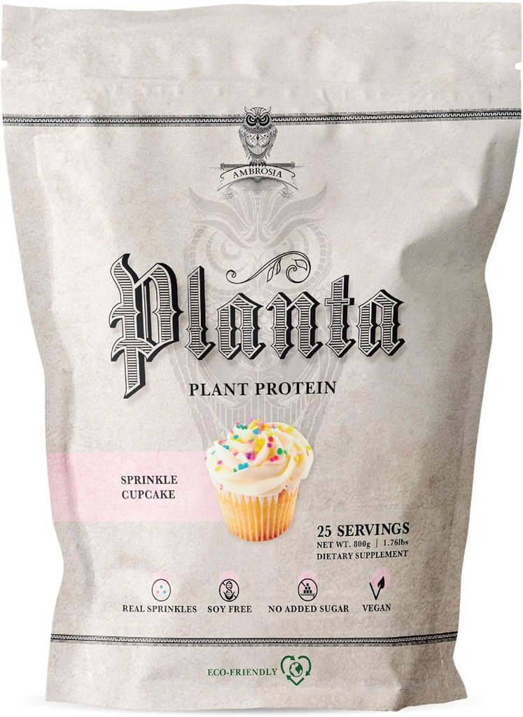 Ambrosia Planta - Proteína de base vegetal Premium Vegan & Keto Friendly ← Sabores Gourmet sin Bloating o Stomach Upset TEN Gluten & Soy Free ← No Añadido Sugar ← 25 Servings  Sprinkle Cupcake