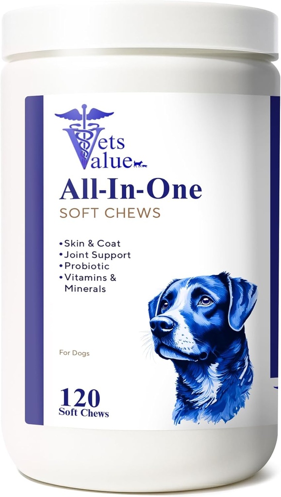 Mandíbulas multivitamínicas para perros (120 Mandíbulas blandas) - Vitaminas todo en uno para perros de todas las edades, tamaños " pechos " soporta la inmunidad, la salud digestiva, la piel, la salud conjunta de la carne con Glucosamina, ácidos grasos Omega
