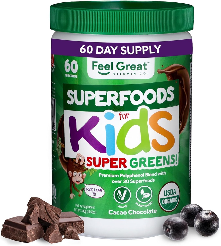 Feel Great USDA Organic Super Greens Powder for Kids - Cocao Chocolate  durable Fruit & Veggie Supplement  sometida Superfood Powder with Probiotics & Digestive Enzymes for Digestive Health ← 60 Days Supply