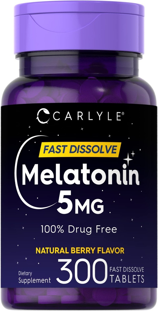Carlyle Melatonin 5 mg Fast Dissolve 300 Tablets ← Berry Flavor ¦ Vegetarian, non-GMO Suplemento