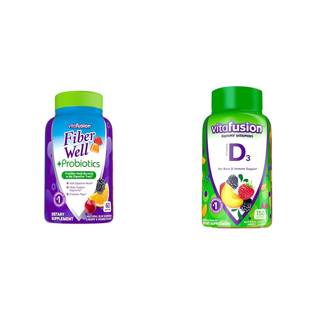 Vitafusion Fiber Well + Probiotics Gummies for Adults, 60 Cuenta Vitamina D3 Gummy Vitaminas, Peach, BlackBerry y Strawberry Flavored, 50 mcg Vitamin D, 150 Condes