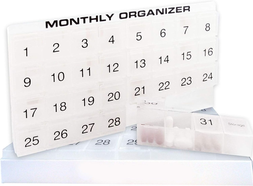 31 compartimentos, 1 por día, 4 semanas Organizador mensual de píldoras por Promed. Incluye bandeja y 8 compartimentos extraíbles. (White)
