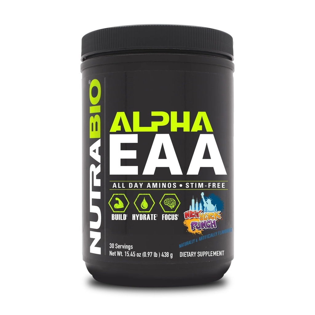 NutraBio Alpha EAA - Aminoácidos de todo el día para el crecimiento muscular y la hidratación - Aminoácidos esenciales con nootrópicos " Adaptógenos- Espectro completo EAA BCAA Powder - 30 Servings - Nueva York Punch
